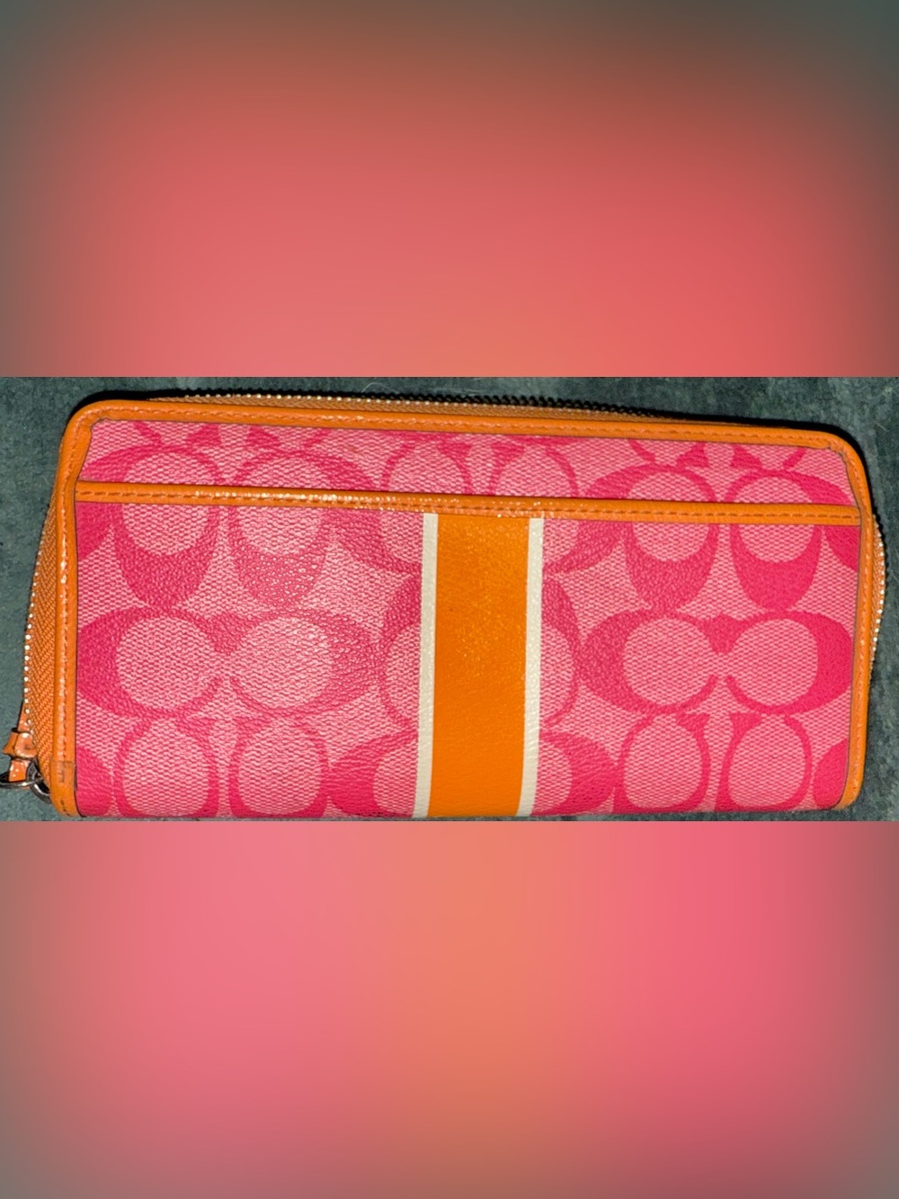 Y2K Coach Pink Signature Zip Accordion Wallet with Orange Accent
